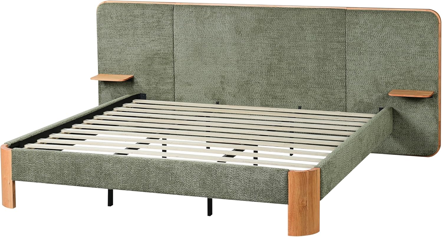 Merax King Size Boucle Upholstered Platform Bed with Wide Curved Headboard and Floating Shelves for Adults, Heavy Duty Steel Center Beam for Support, No Box Spring Needed, Antique Green