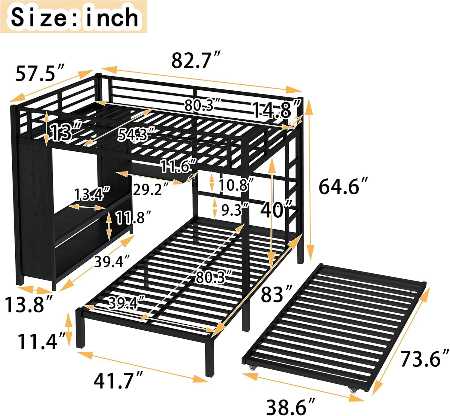 JIVOIT Metal Bunk Bed with Trundle, Full Over Twin Bunk Bed with Foldable Desk, Built-in Wardrobe, Ladders and Safety Guard, Noise-Reduced Design, Space-Saving, No Box Spring Needed
