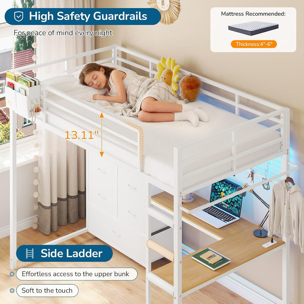 Twin Loft Bed with L-Shaped Desk, 7 Storage Drawers, Metal Loft Bed Twin Size with LED Lights and Charging Station, Storage Shelf and Pegboard, Safety Guardrail and Ladder, No Box Spring Needed, White