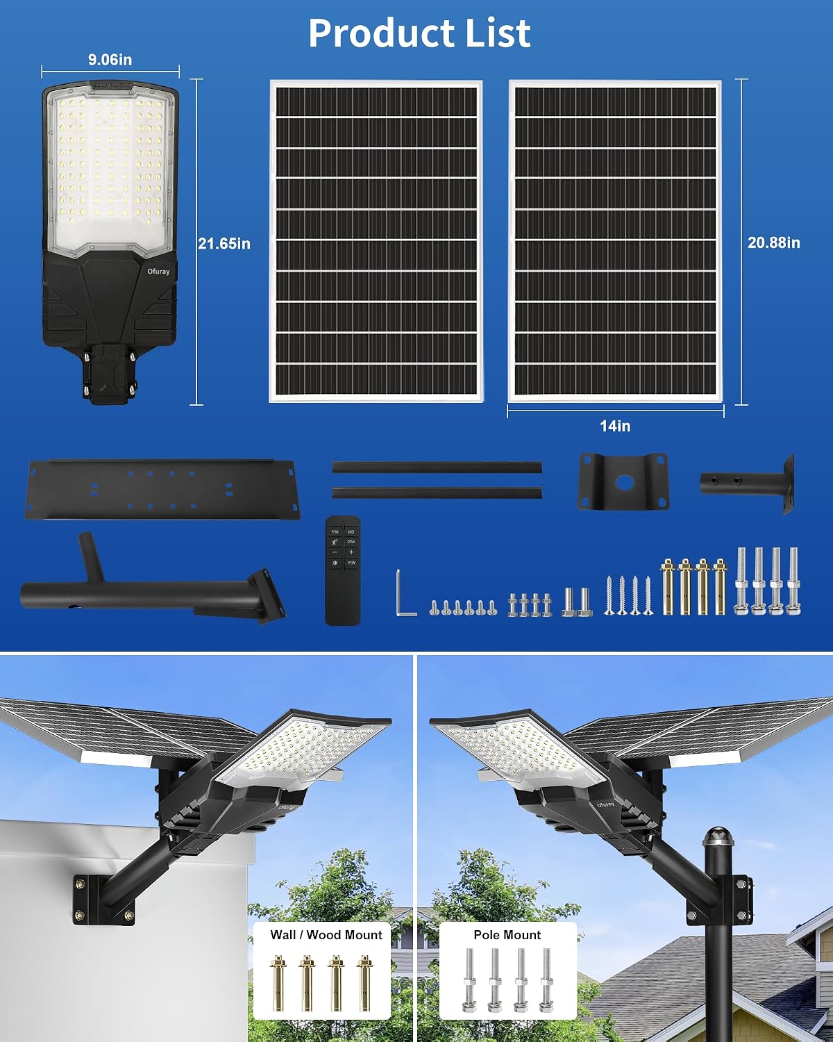 Ofuray OL-10000W Solar Street Lights Outdoor,Ultra High Power Solar Security Flood Lights Parking Lot Lights Commercial Dusk to Dawn,IP67 6500k Led with Remote for Street,Court,Barn