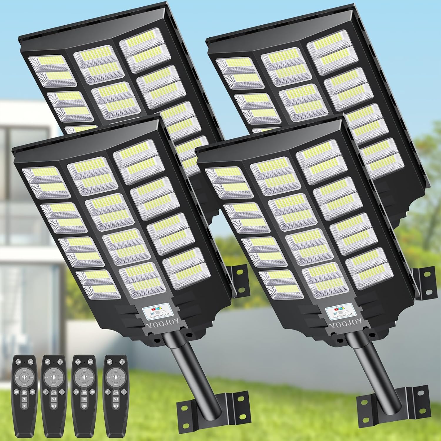 VOOJOY 8000W Solar Street Lights Outdoor Waterproof, Dusk to Dawn Solar Lights Outdoor with Motion Sensor and Remote Control for Yard, Parking Lot, Garage, Street, 4 Pack