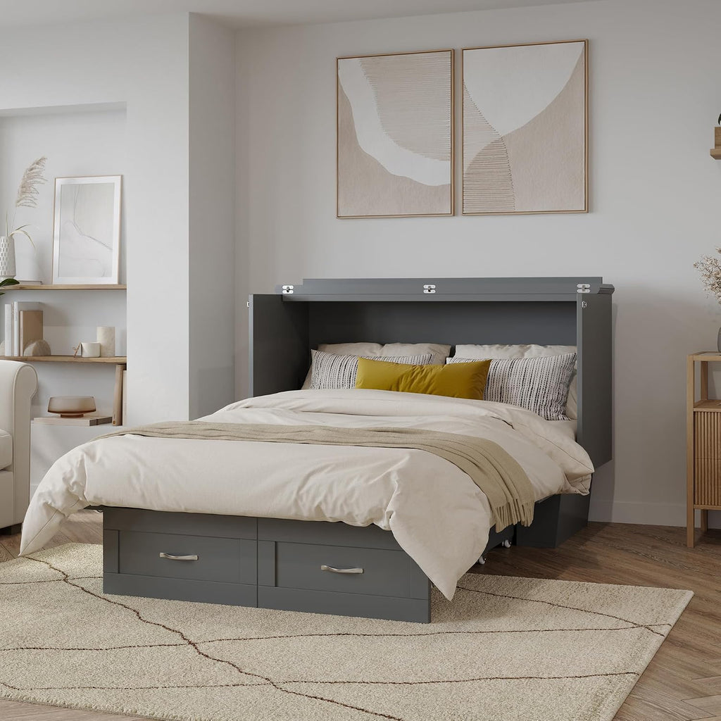 AFI, Monroe Full Murphy Bed Chest with 6' Mattress, Storage Drawer & Built-in USB Charger, Grey