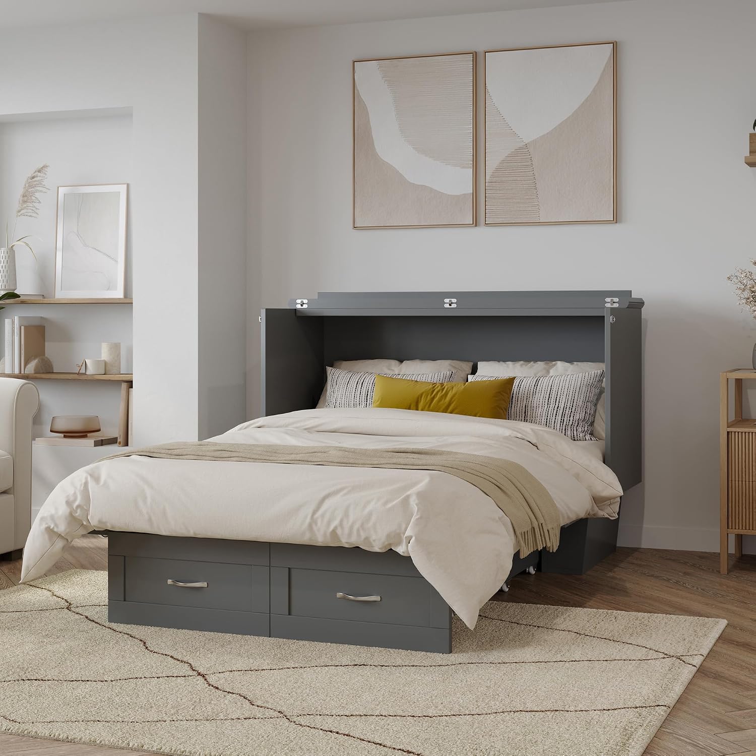 AFI, Monroe Full Murphy Bed Chest with 6' Mattress, Storage Drawer & Built-in USB Charger, Grey