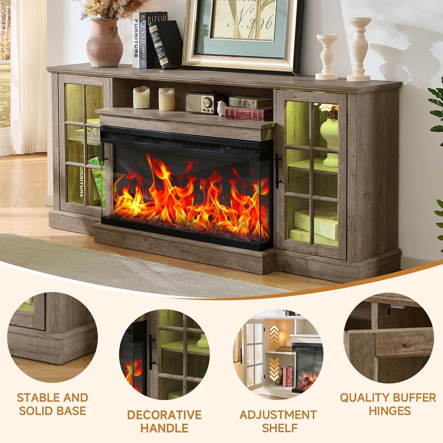 ROCKPOINT 3 Sided Glass 70' Fireplace TV Stand for TVs up to 80inch, Media Entertainment Center with Glass Door Storage Cabinet,36' Electric Fireplace with LED Light and Flame Colors,Grey