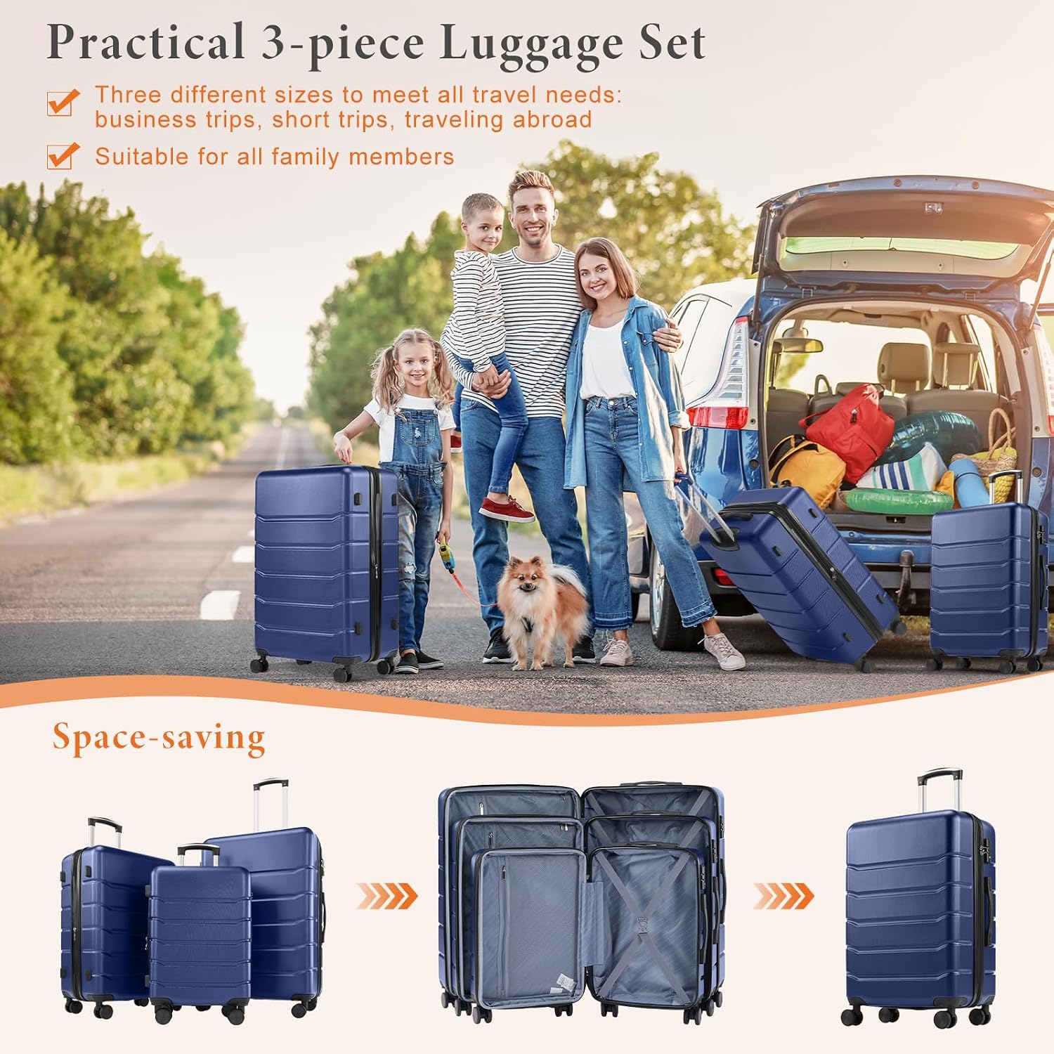 Sweetcrispy 3 Piece Luggage Set, ABS Hard Shell Carry On Suitcase with Smooth Spinner Wheels and TSA Lock, Lightweight Rolling Travel Luggage 20/24/28 Inch for Travel Business Vacation, Navy Blue