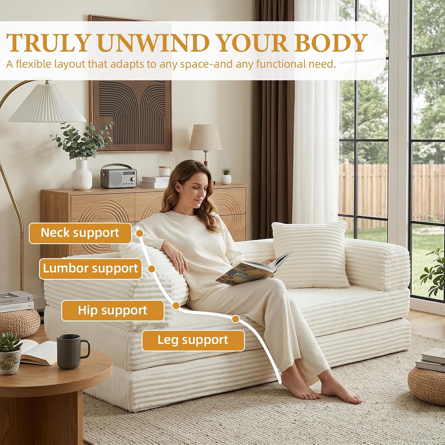 Convertible Folding Sofa Bed,Fold Out Floor Sofa Couch with Fixed-Shape Frame,Corduroy Foldable Mattress Cloud Couch for Living Room Bedroom (Off White, 78 Inch)