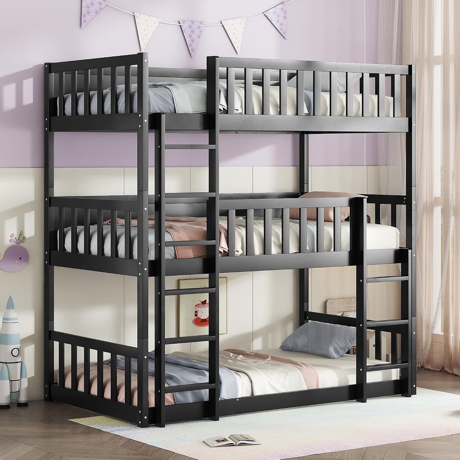 Twin Size Triple Rubber Wood Bunk Bed, Detachable Bunk Bed with Ladders, Guardrails, Twin Over Twin Over Twin for Kids, Black