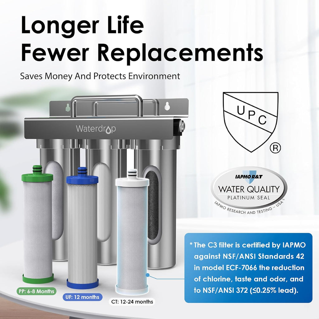 Waterdrop TST-UF 0.01μm Ultra-Filtration Under Sink Water Filter System, Stainless Steel Under Sink Water Filtration System, Removes 99% of Substances, Chlorine, Bad Taste & Odor, No Drill Required