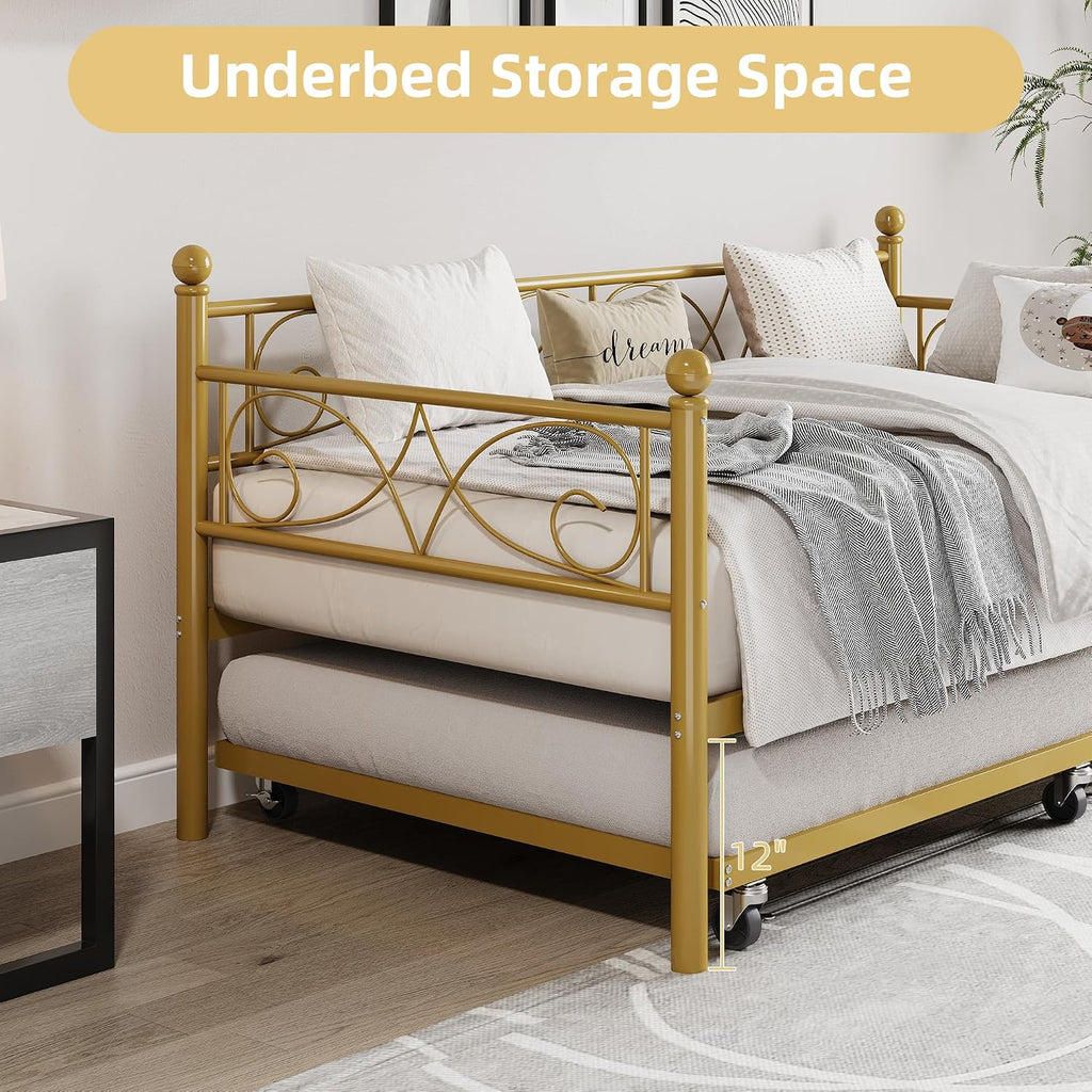 Heavy Duty Twin Daybed with Trundle, Metal Sofa Bed Frame with Floral Headboard & Slats, No Box Spring Needed, Multifunctional Platform Bed for Guest Room, Bedroom,Set Gold Twin Size