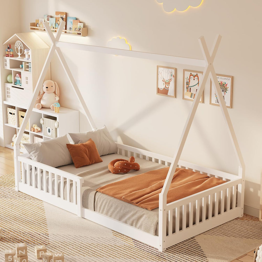 JIVOIT Twin Size Wood House Bed with Fence, House Platform Bed with Roof, Twin Montessori Bed Frame, Wood Slats Support, No Box Spring Needed (White/74)