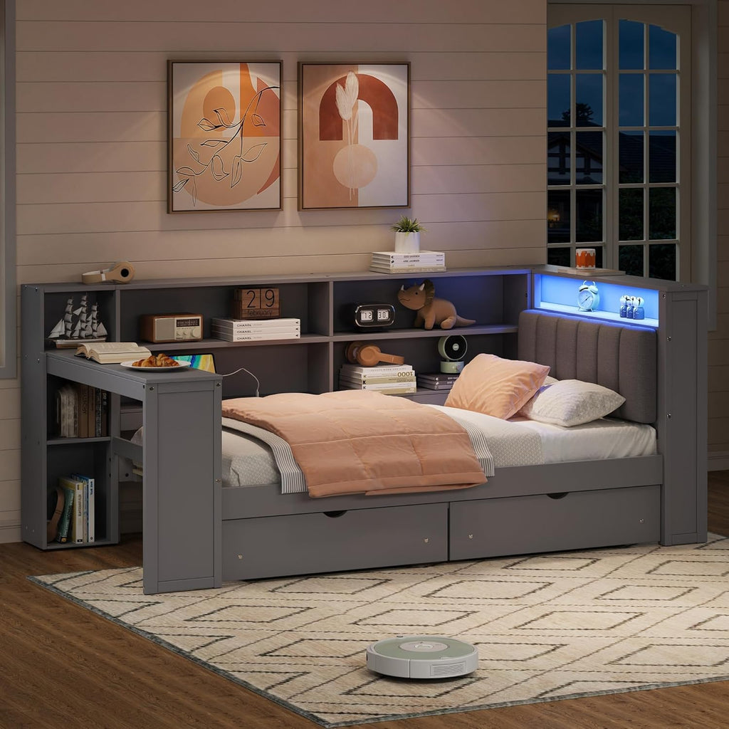 Twin Size Platform Bed with Storage Shelves and Drawers, Solid Wood Daybed with Charging Station, LED, Desk and Upholstered Headboard for Living Room Bedroom (Grey-JU11)
