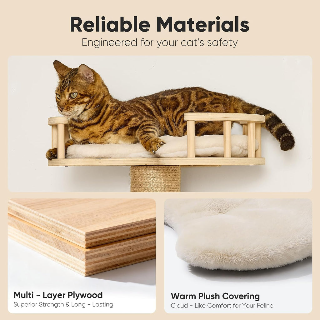 FUKUMARU Cat Wall Shelves, 4 in 1 Stable Wooden Wall-Mounted Furniture Set, Climbing Tree with Hammock, Bed, Perch and Scratching Mat (Beige)
