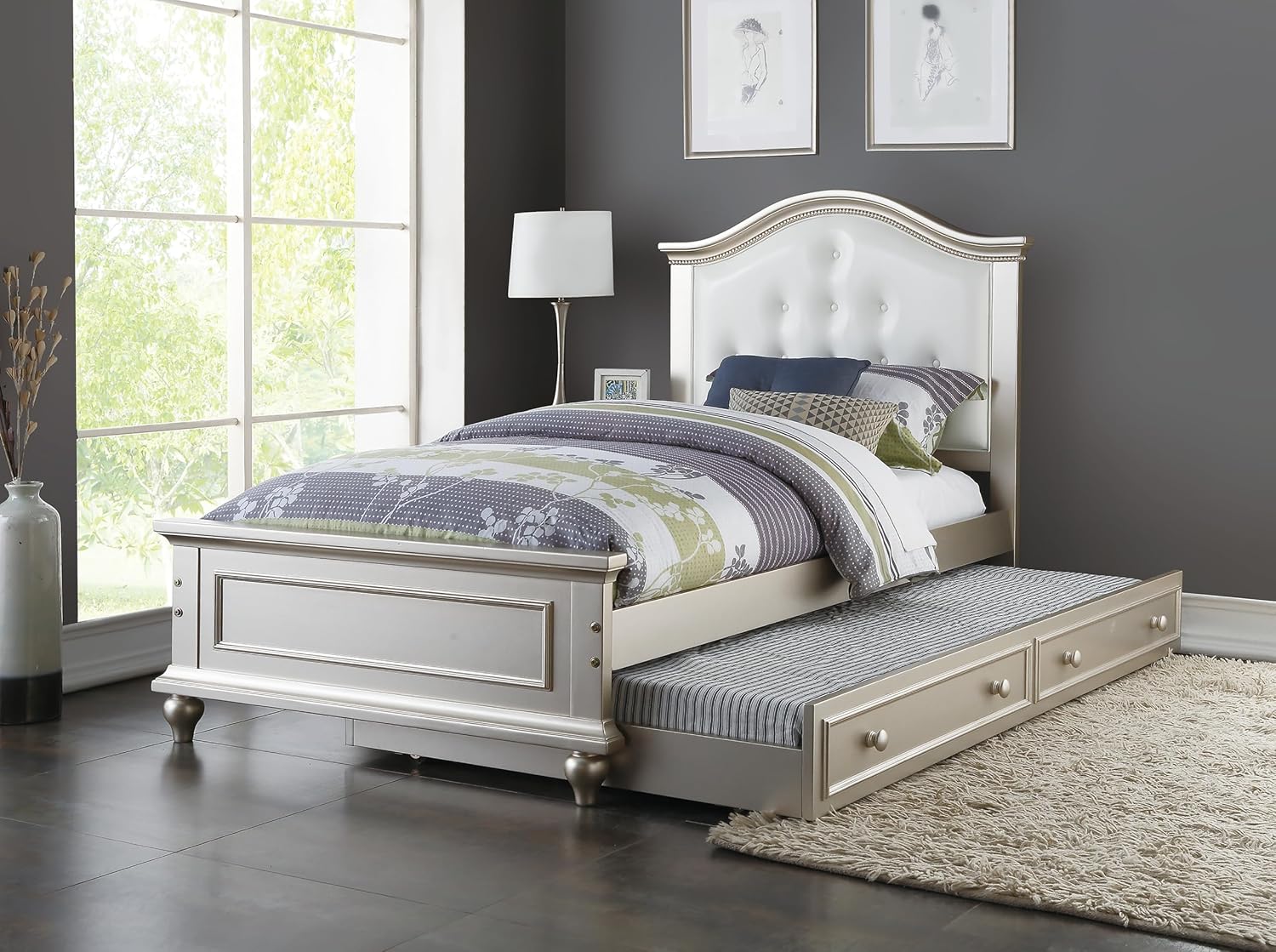 GOWE Contemporary Style Silver Twin Size Bed w/Trundle Slats Pine Plywood Kids Youth Bedroom Furniture White Faux Leather Tufted HB