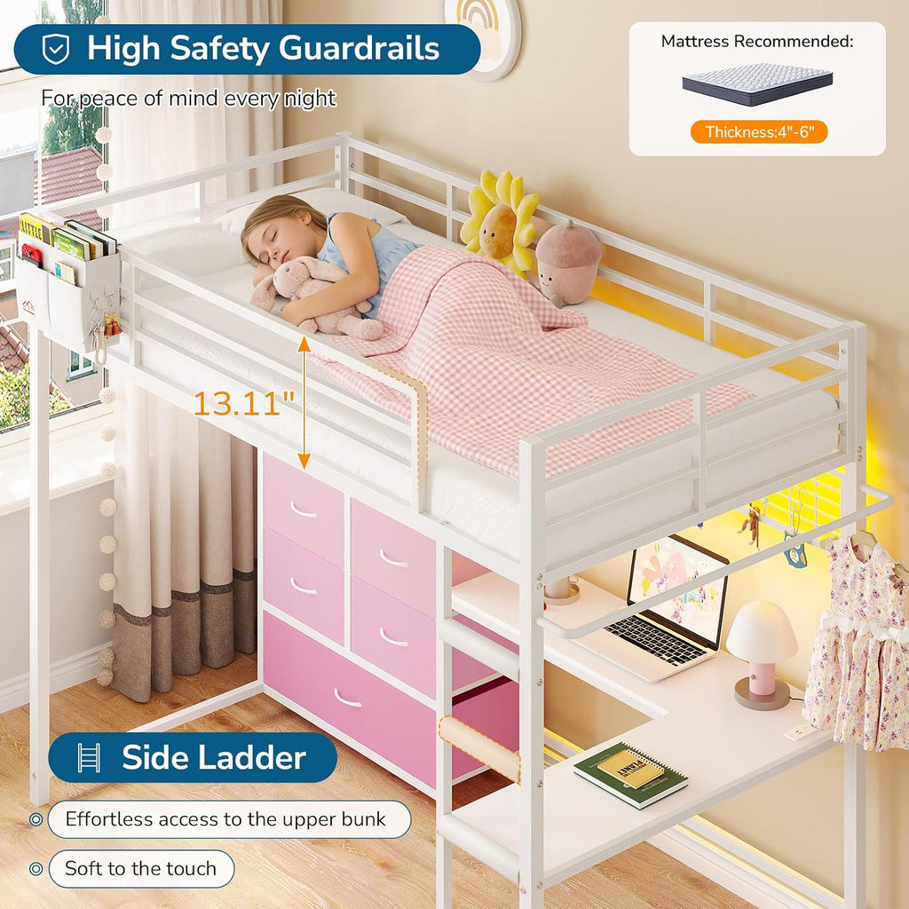 Twin Loft Bed with L-Shaped Desk, 7 Storage Drawers, Loft Bed Twin Size for Kids with LED Lights and Charging Station, Open Shelf & Pegboard, Metal Frame with Safety Guardrail & Ladder, White and Pink