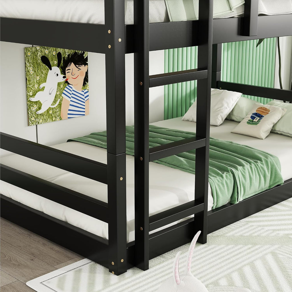 Triple Bunk Bed, Detachable Triple Twin Bunk Bed, 3 Rubber Wood Bunk Bed with Two Built-in Ladders, Guardrails, Twin Over Twin Over Twin for Kids, Black