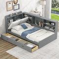 Twin Size Platform Bed with Storage Headboard and Shelves, Wooden Daybed Frame with Side Bookcase and 2 Drawers,Wood Slat Support, Rotatable Storage Board (Gray-83J)