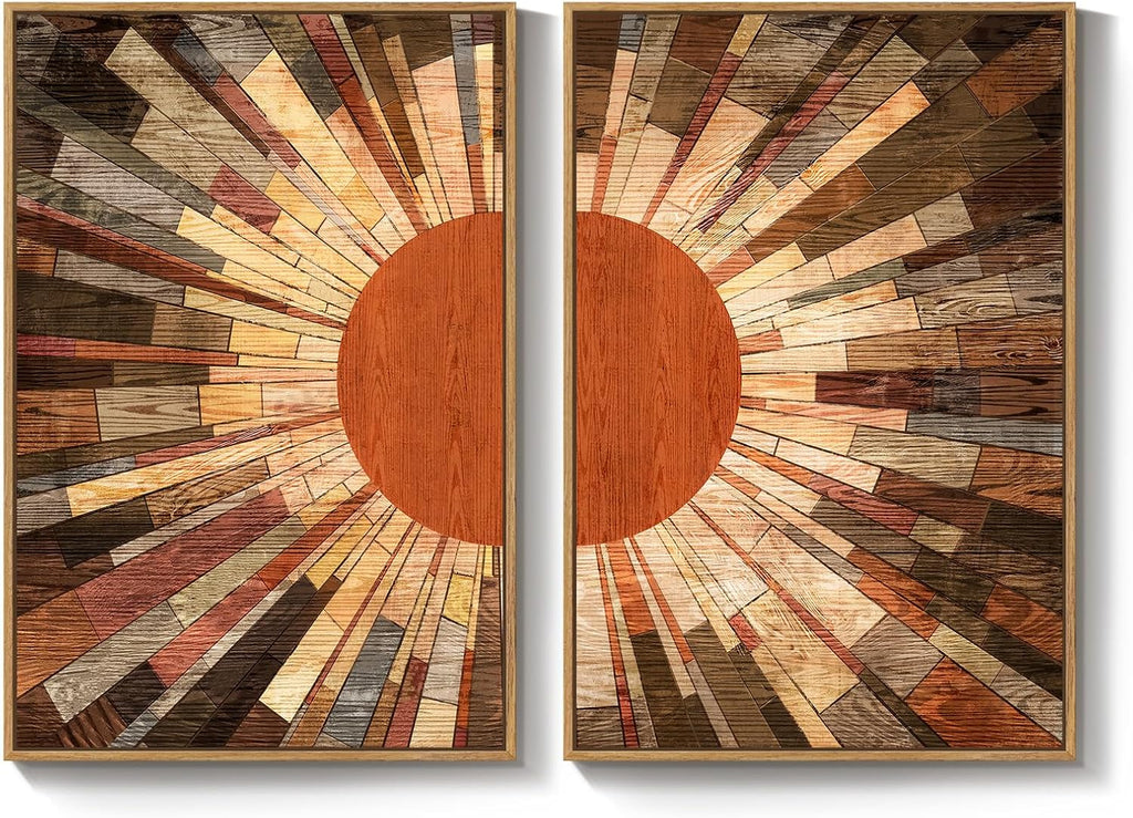 Large Framed Boho Mid Century Modern Wall Art for Living Room, Set of 2 Abstract Sun Earth Tone Canvas Artwork for Walls, Vintage Paintings Prints Pictures Wall Decor for Bedroom Home Office, 24x36 In