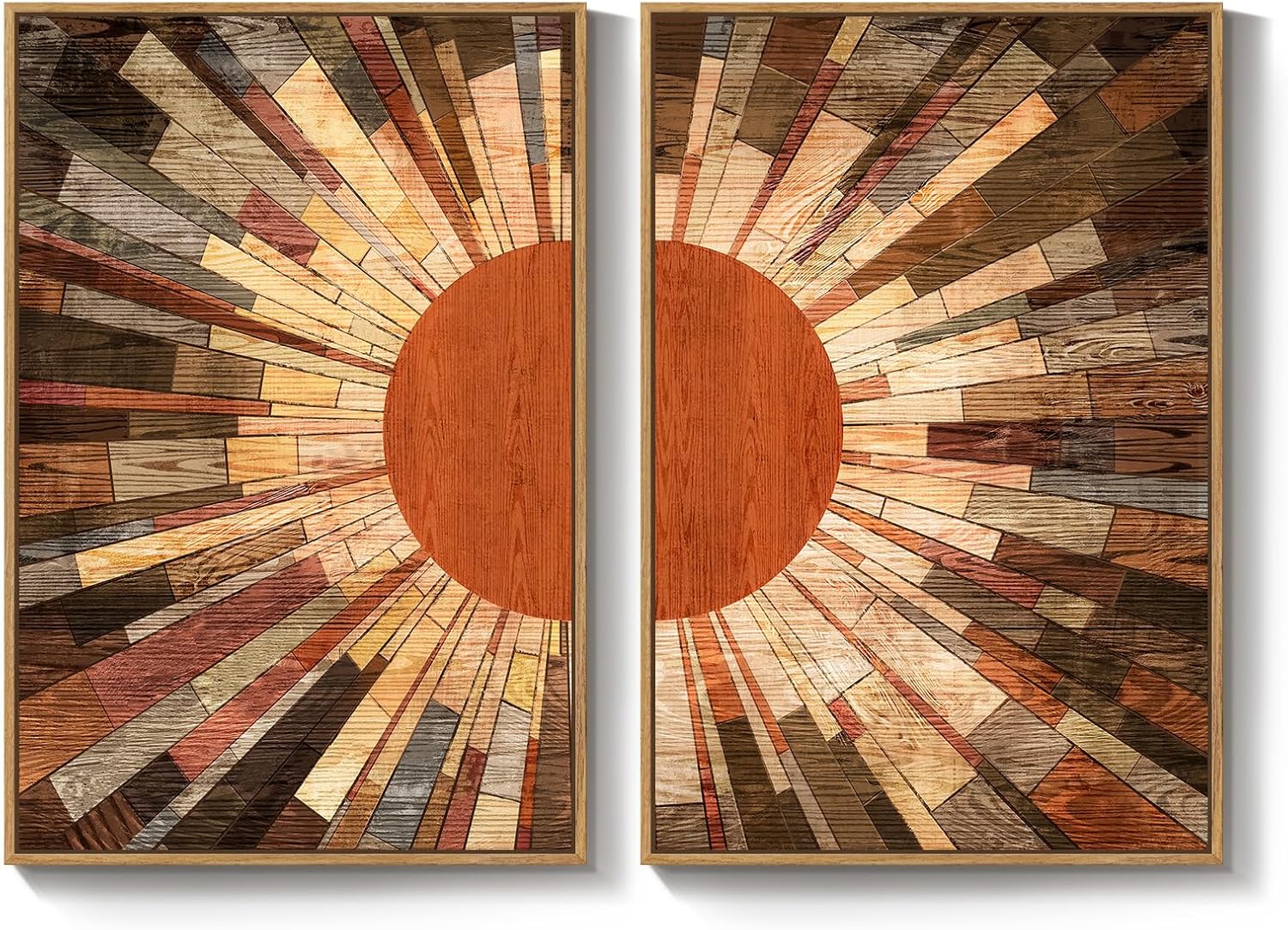 Large Framed Boho Mid Century Modern Wall Art for Living Room, Set of 2 Abstract Sun Earth Tone Canvas Artwork for Walls, Vintage Paintings Prints Pictures Wall Decor for Bedroom Home Office, 24x36 In