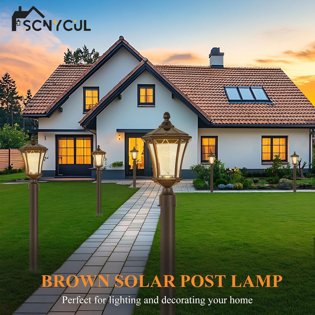 Dusk to Dawn Solar Outdoor Post Lights, Brown Outside Pillar Lights with Pier Mount Base, Waterproof Aluminum Solar Pole Lamps Head with Patterned Glass for Yard, Path, Garden