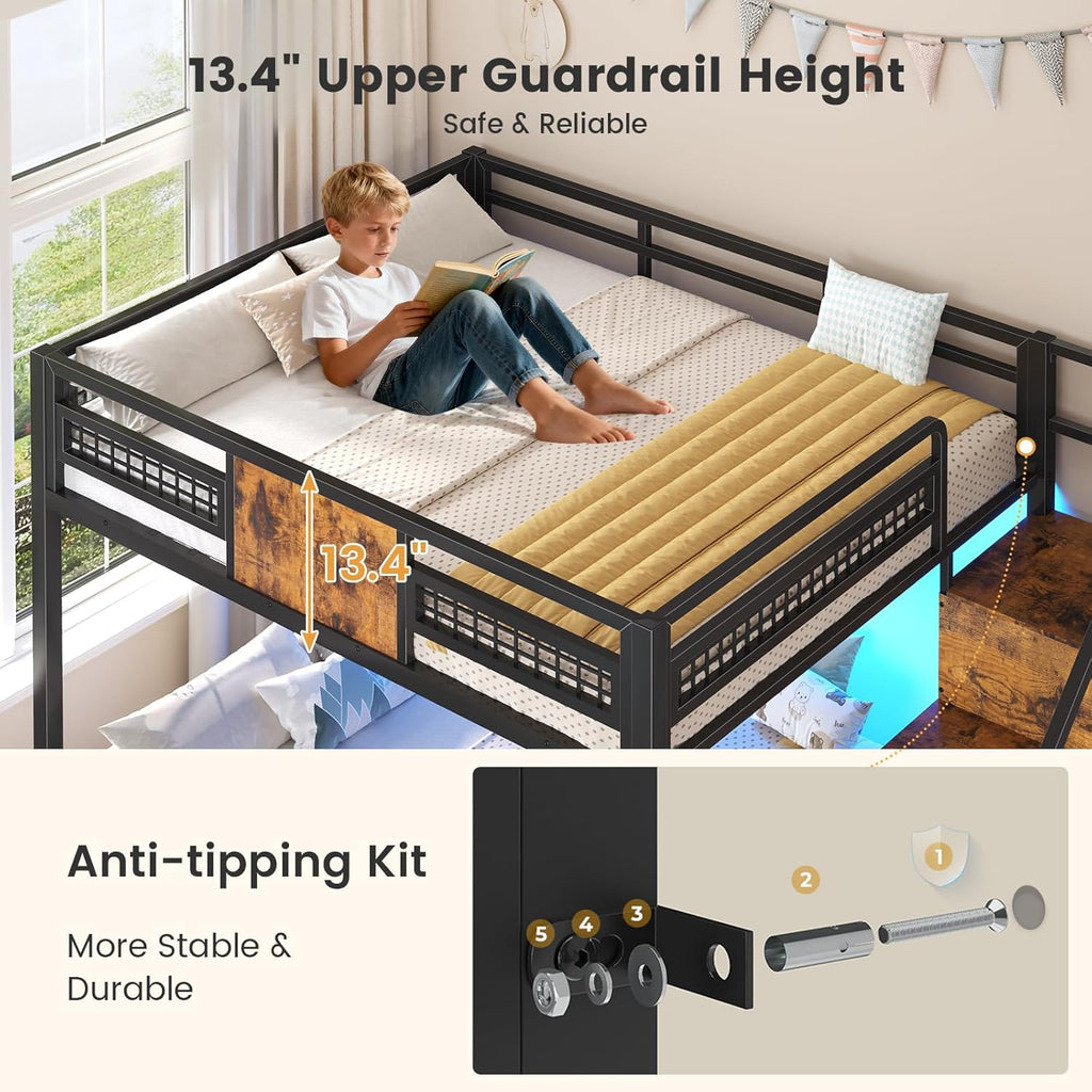 BTHFST Bunk Bed Full Over Full with Stairs, LED Lights Full Bunk Beds with 2 Storage Drawers & 6 Fabric Drawers, Metal Full Loft Beds with Safety Guardrail & Stairs, Space Saving, Rustic Brown