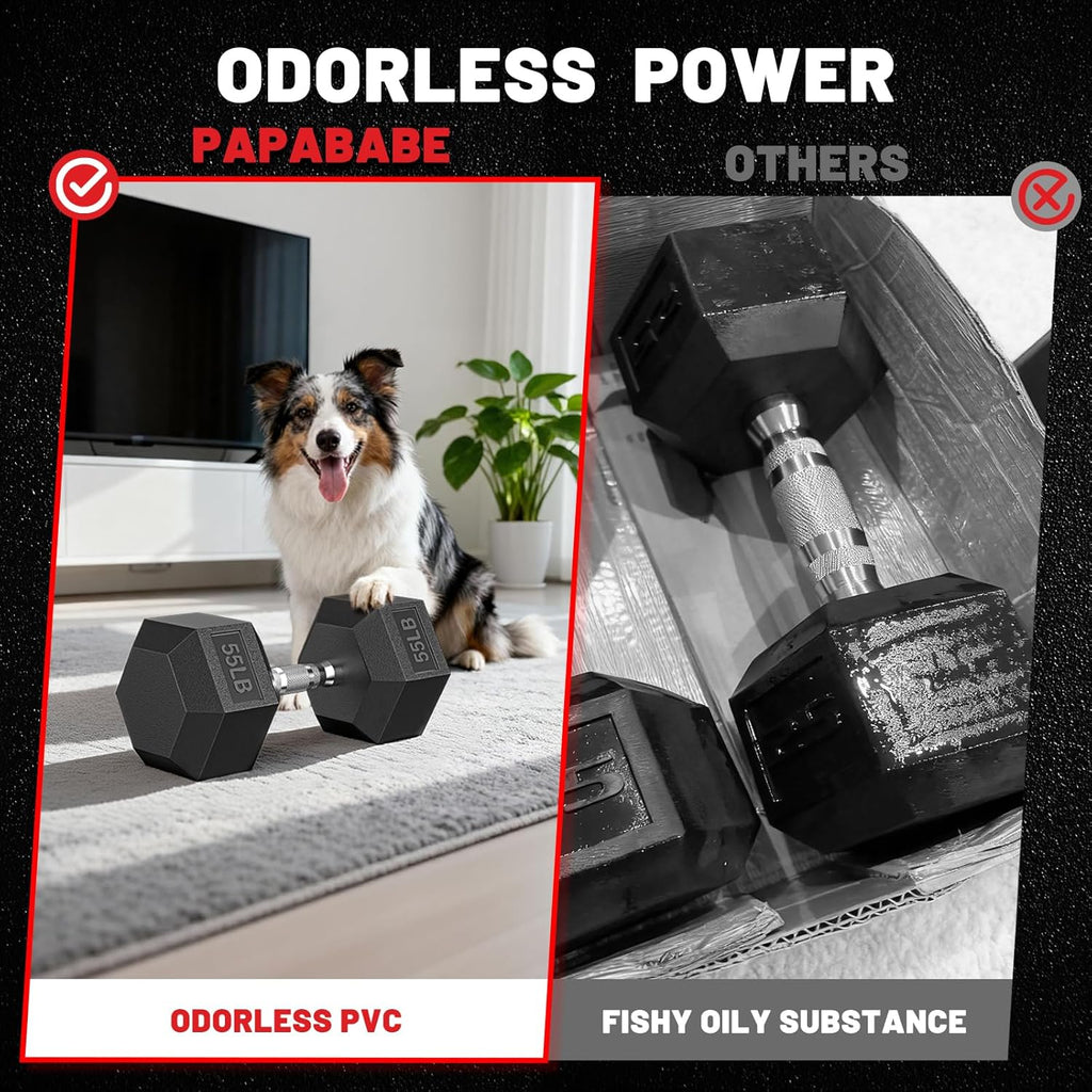PAPABABE Dumbbell Set Rubber Encased Hex Dumbbell Free Weights Dumbbells Set Home Weight Set- 140 lb Set (Pair of 5, 8, 10, 12, 15, 20 lb with Rack)