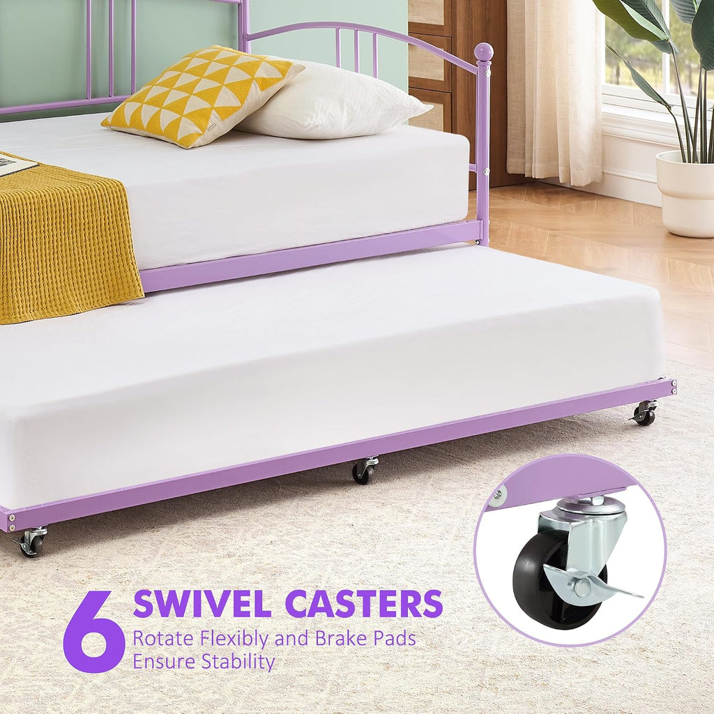 GarveeHome Daybed with Trundle, Sturdy Metal Day Bed with Steel Slat Support, Trundle Bed Twin with Arched Headboard, SofaBed for Living Room, Bedroom and Guest Room, Purple