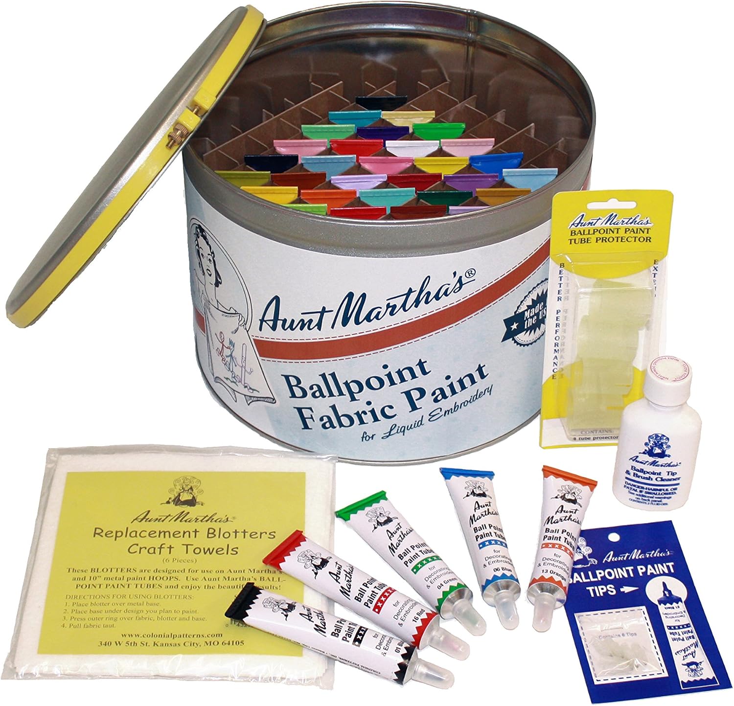 Aunt Martha's Full Stocked Ballpoint Paint Color Caddie, Fully Loaded with 34 Paints and Accessories, 39 Piece Set