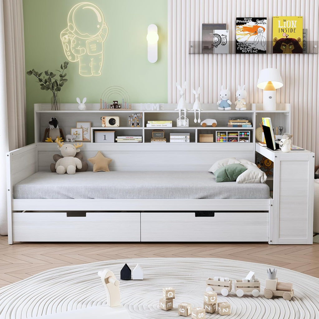 Mirightone Corner Twin Bed Frame with Bookcase Storage and Desk, Wood Day Beds with 2 Drawers, Twin Size Daybed with Storage for Living Room,Bedroom & Guest Room, White