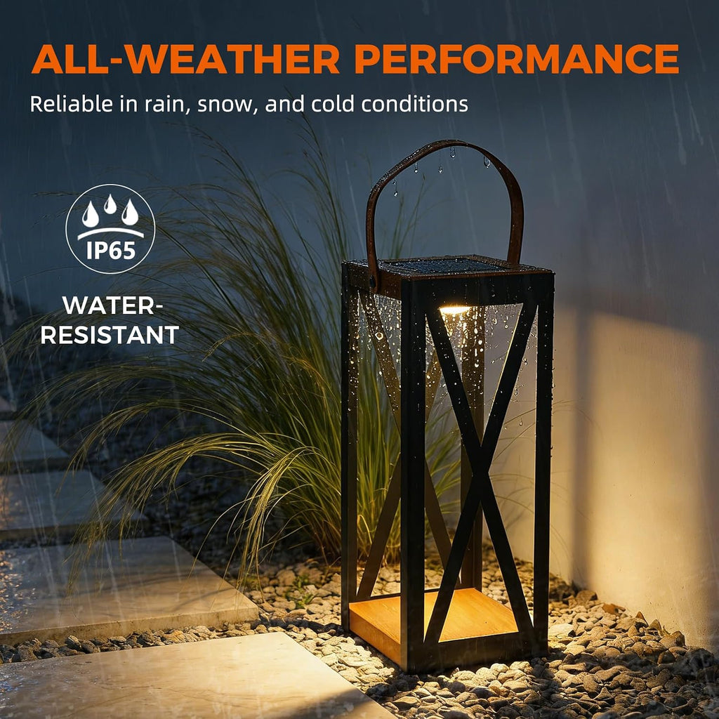 Solar Yard Outdoor Solar Floor Lamp Set of 2, IP65 Waterproof Metal Lantern with 50/100 Lumens & Memory Mode, Solar Patio Light for Porch, Yard & Garden, Large X-Black
