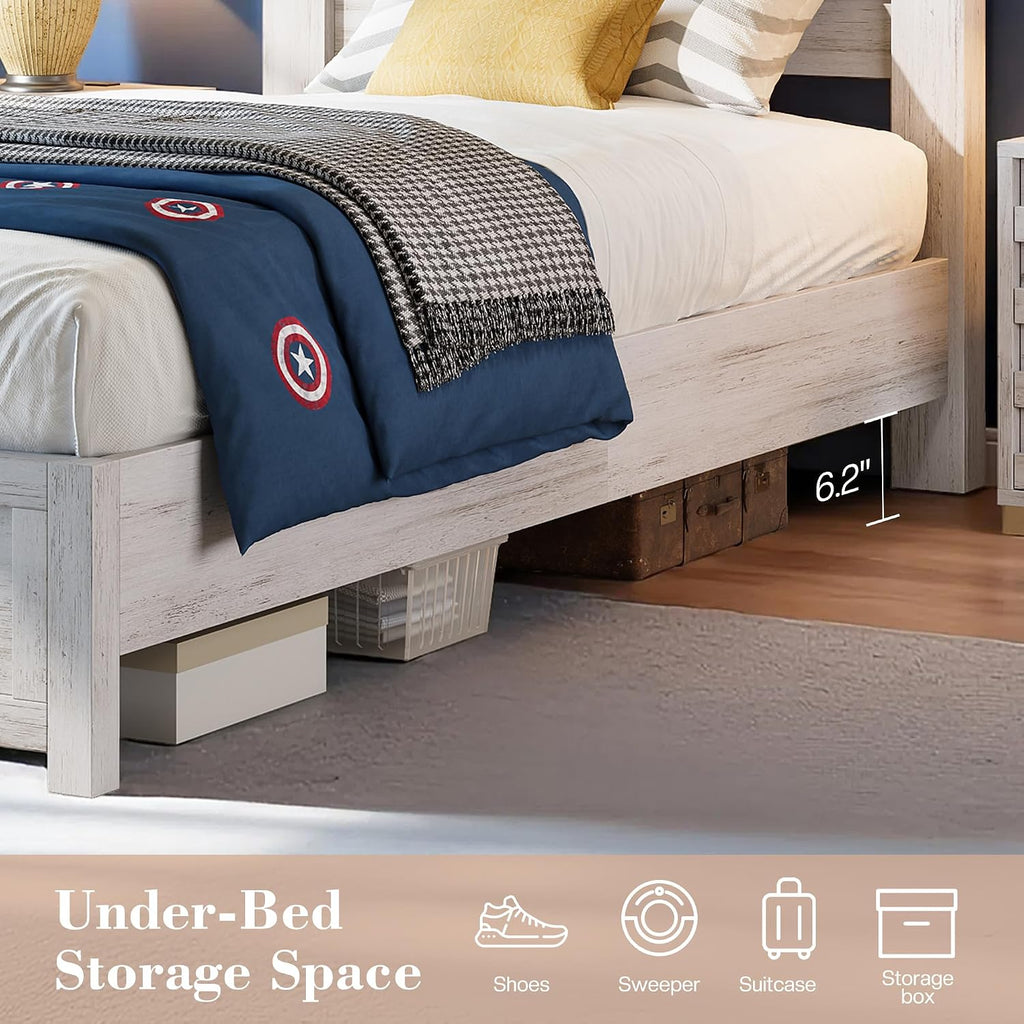 LUXOAK Twin Farmhouse Bed Frame with 49' Fluted Headboard, Wooden Platform Bed with Natural Grain, Noise-Free, No Box Spring Needed, Distressed White