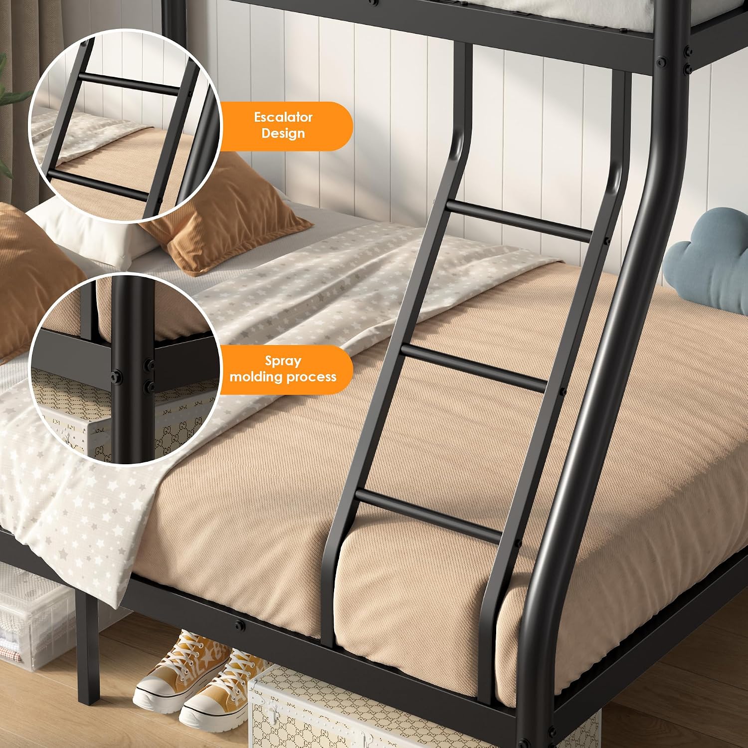 SDHYL Twin Over Full Bunk Bed, Heavy Duty Metal Frame for Adults, Space-Saving for Dorm, Apartment & Small Room, Black, No Box Spring Needed
