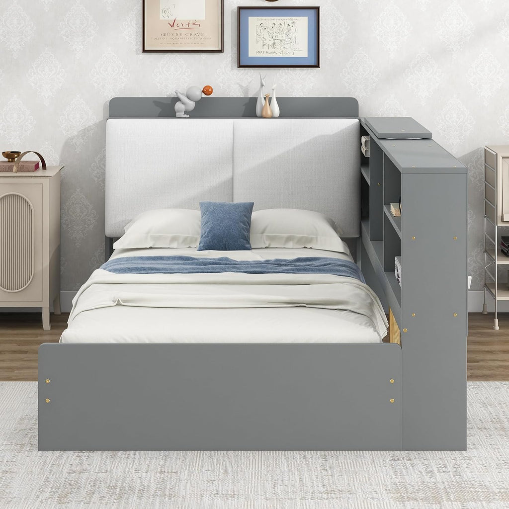Twin Size Platform Bed with Storage Headboard and Shelves, Wooden Daybed Frame with Side Bookcase and 2 Drawers,Wood Slat Support, Rotatable Storage Board (Gray-83J)
