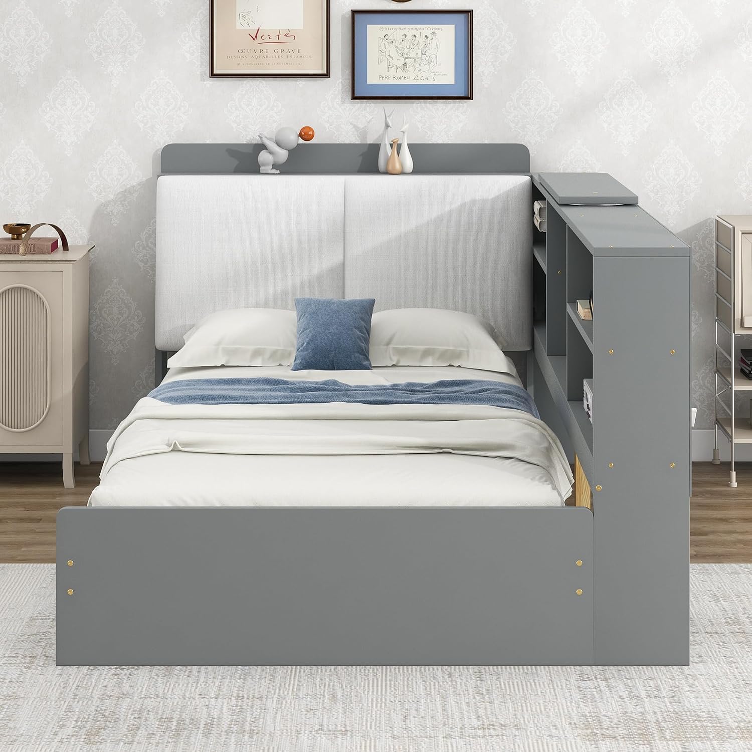 Twin Size Platform Bed with Storage Headboard and Shelves, Wooden Daybed Frame with Side Bookcase and 2 Drawers,Wood Slat Support, Rotatable Storage Board (Gray-83J)