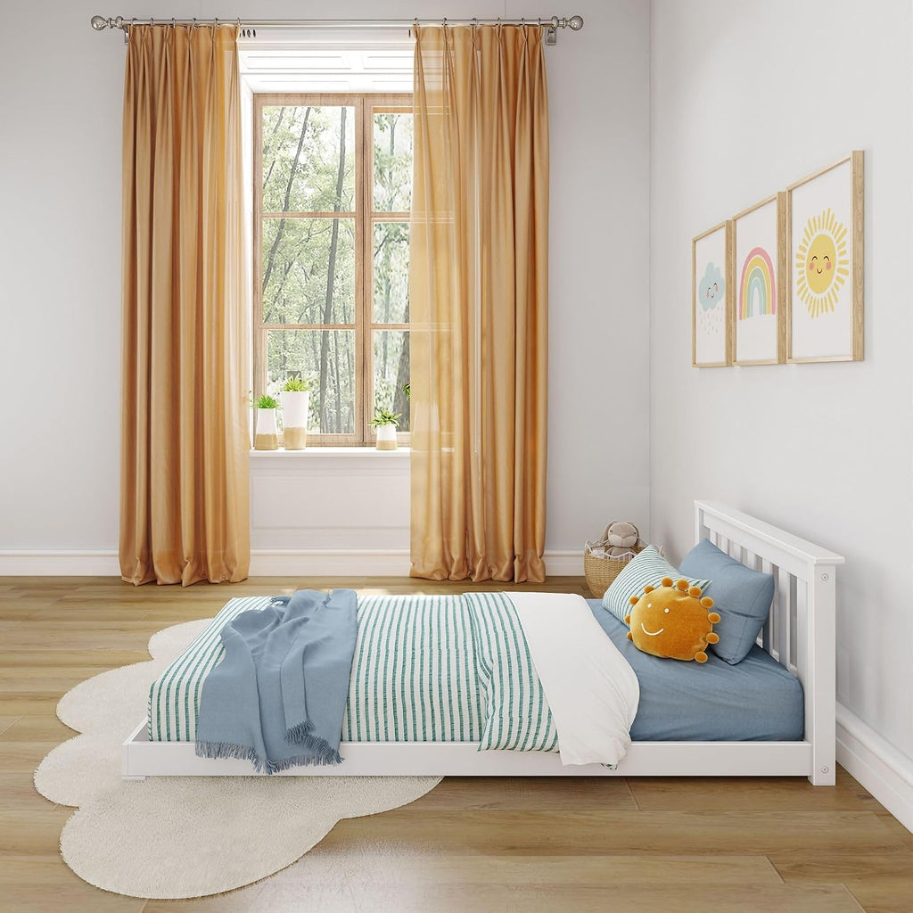 Max & Lily Classic Twin Floor Bed, 79.75 Inches, Solid Wood Low Bed Frame for Kids, Modern Floor Bed for Bedroom, White