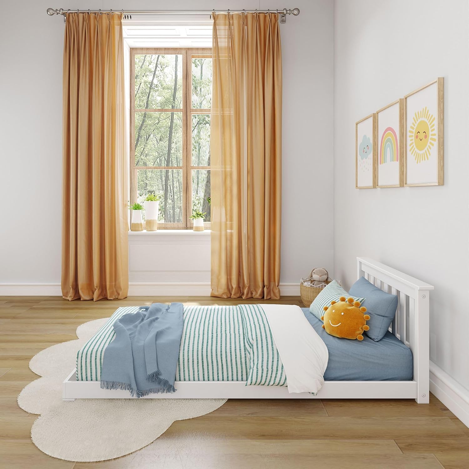 Max & Lily Classic Twin Floor Bed, 79.75 Inches, Solid Wood Low Bed Frame for Kids, Modern Floor Bed for Bedroom, White