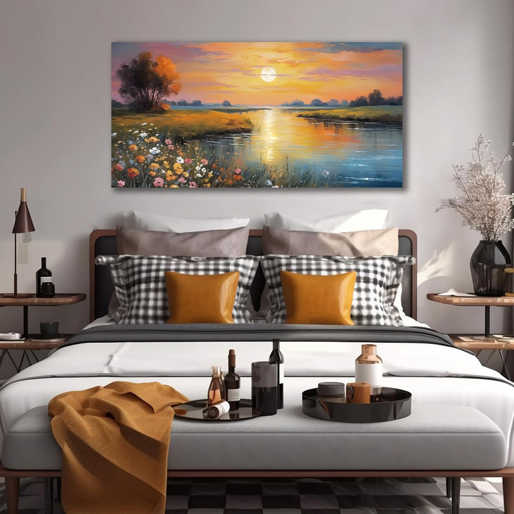 Orange Yellow Sunset Lake Landscape Canvas Wall Art with Colorful Wildflowers & Distant Mountain, Serene Nature Scene Large Picture Print Painting Artwork for Living Room Bedroom Decor 58x29 Inches