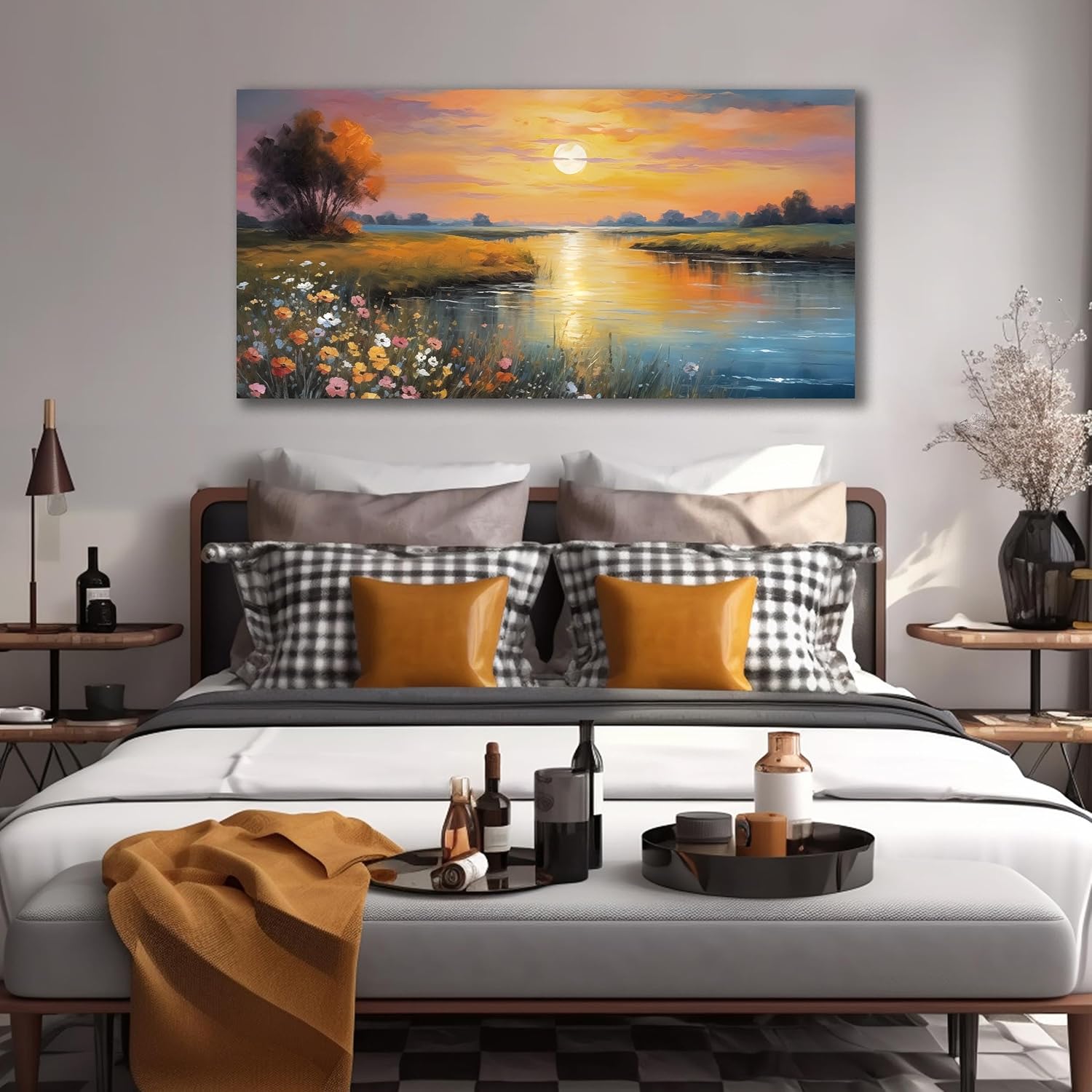 Orange Yellow Sunset Lake Landscape Canvas Wall Art with Colorful Wildflowers & Distant Mountain, Serene Nature Scene Large Picture Print Painting Artwork for Living Room Bedroom Decor 58x29 Inches