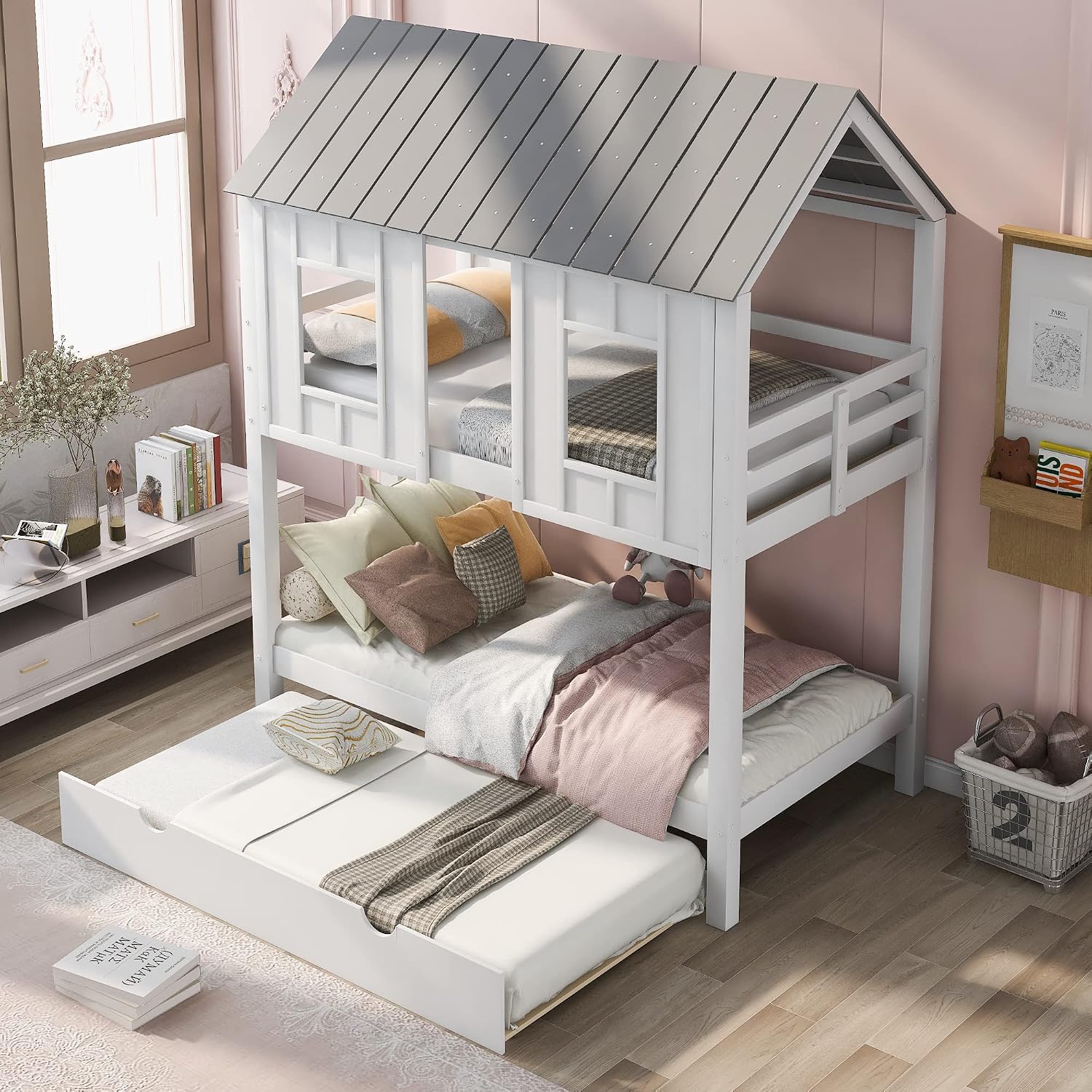 Twin Over Twin Bunk Bed for Kids Toddlers, House Bunk Bed Farm with Trundle/Roof/Windows/Guardrail for Girls/Boys, No Spring Box Required