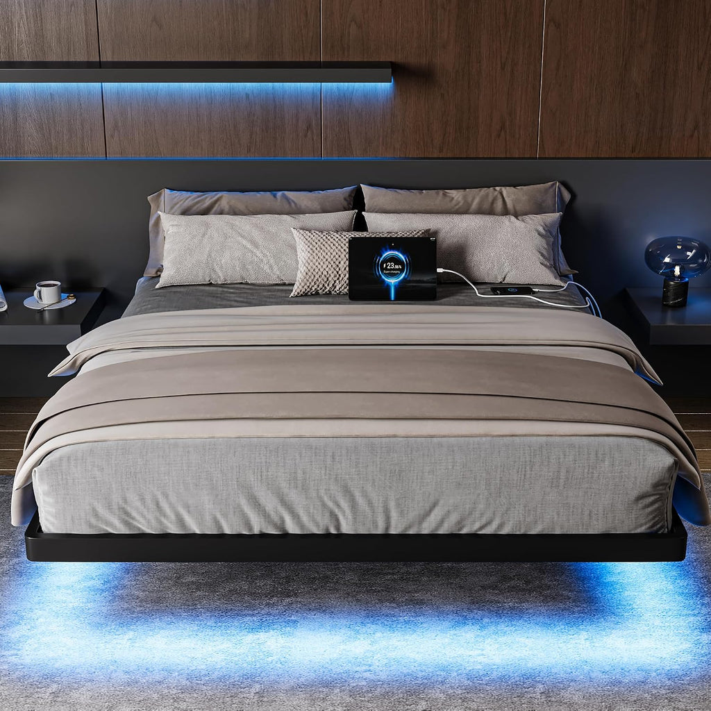 Feonase Queen Floating Bed Frame with Charging Station and Led Lights, Metal Bed Frame with Heavy Duty Steel Slats Supports, No Box Spring Needed, Easy Assembly, Noise Free, Black