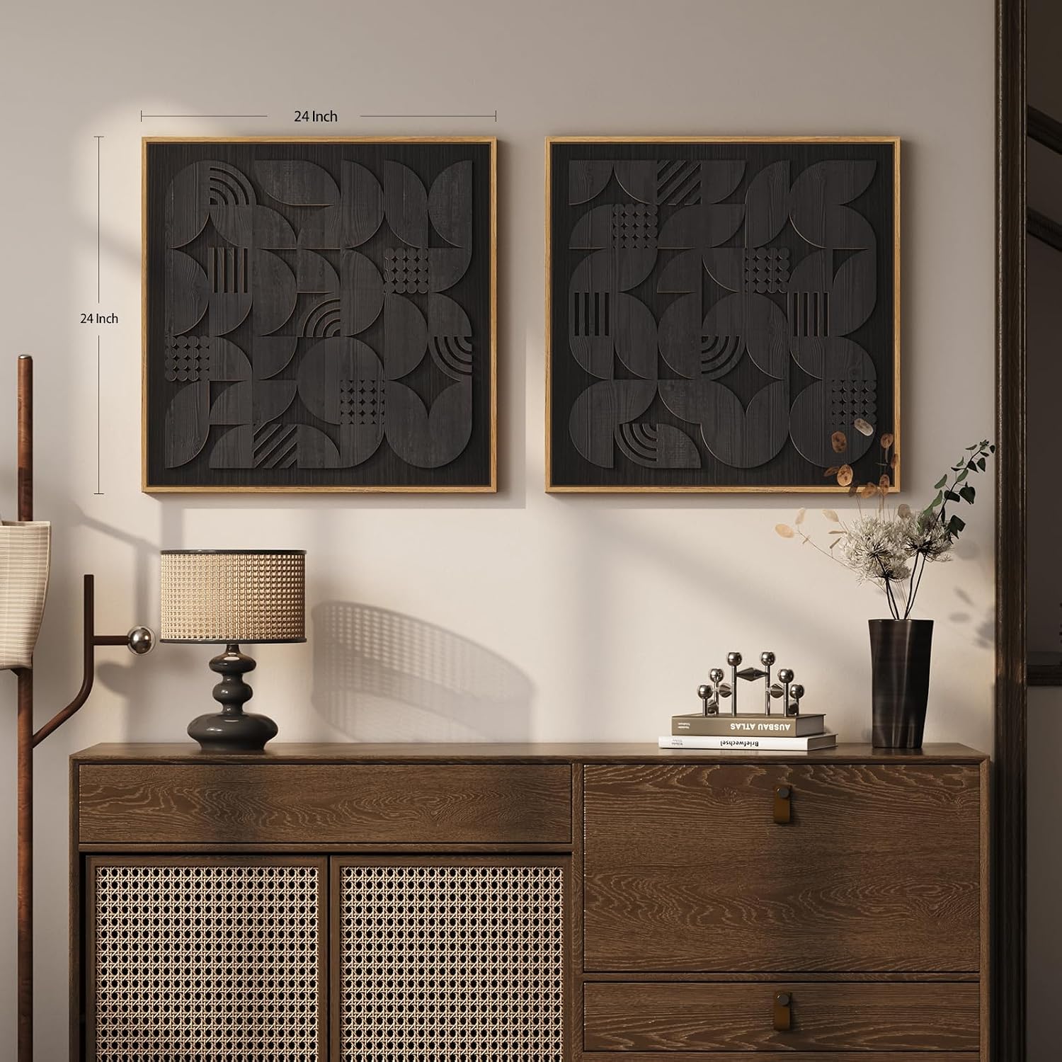 Framed Black Wood Wall Art for Living Room, Set of 2 Large Textured Geometric Abstract Artwork for Walls, Modern Minimalist Wooden Wall Decor for Dinning Room, Hallway, Office, Bedroom, 24x24 Inch