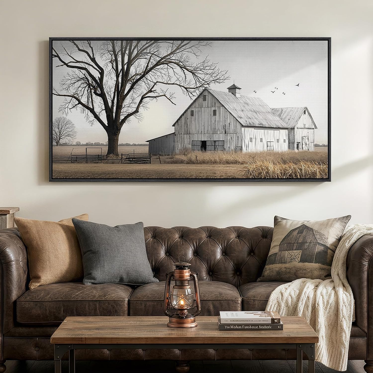 Large Framed Farmhous Wall Art for Living Room, Vintage Rustic Landscape Horizontal Canvas Print, Neutral Country Barn Wall Decor for Bedroom Dining Room Hallway 30x60 Inch