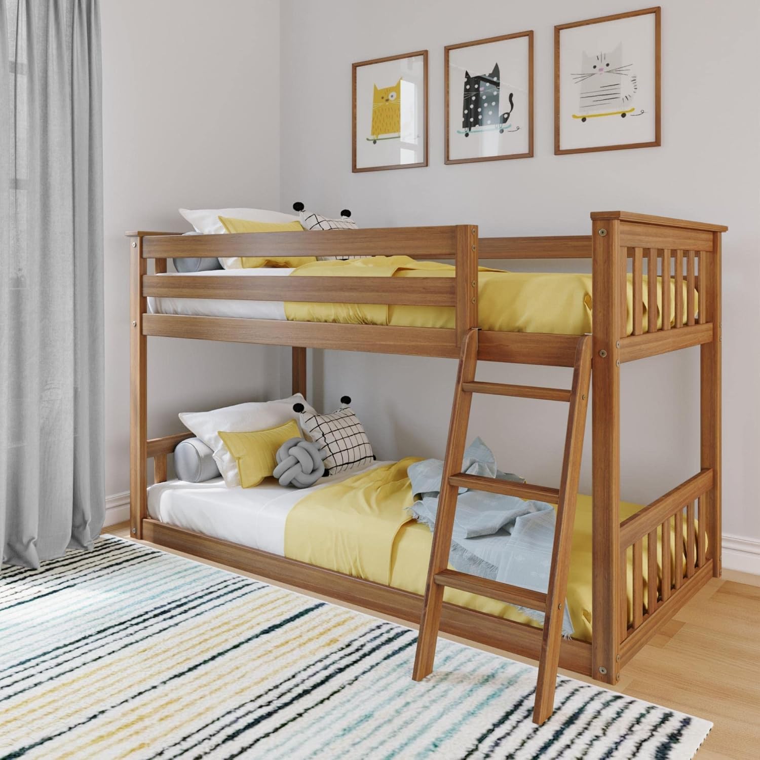 Max & Lily Twin Over Twin Low Bunk Bed with Ladder, Wooden Bunk beds with 14' Safety Guardrail for Kids,Toddlers, Boys, Girls, Teens, Bedroom Furniture, Pecan