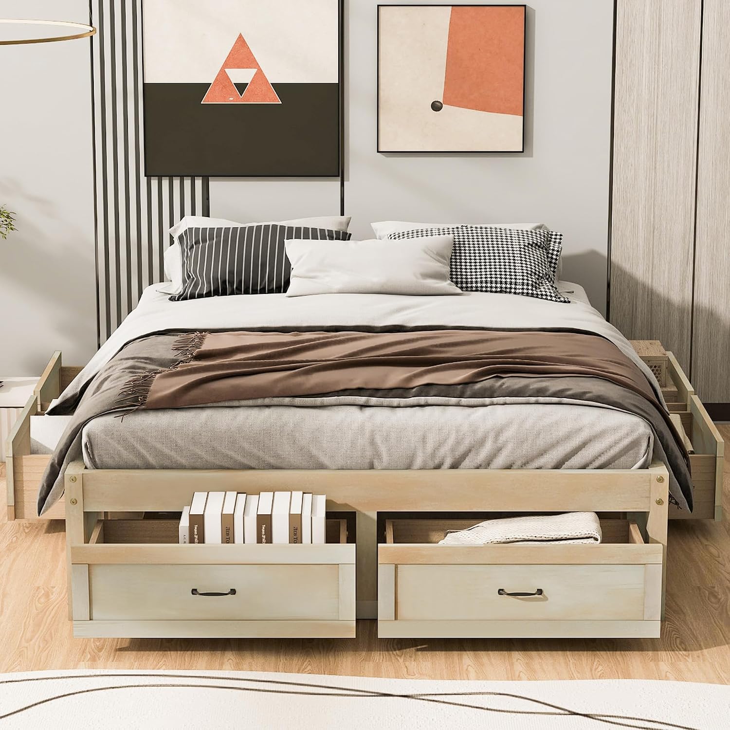 Queen Size Wooden Platform Bed with 6 Storage Drawers, No Box Spring Needed (Antique Natural, Queen)