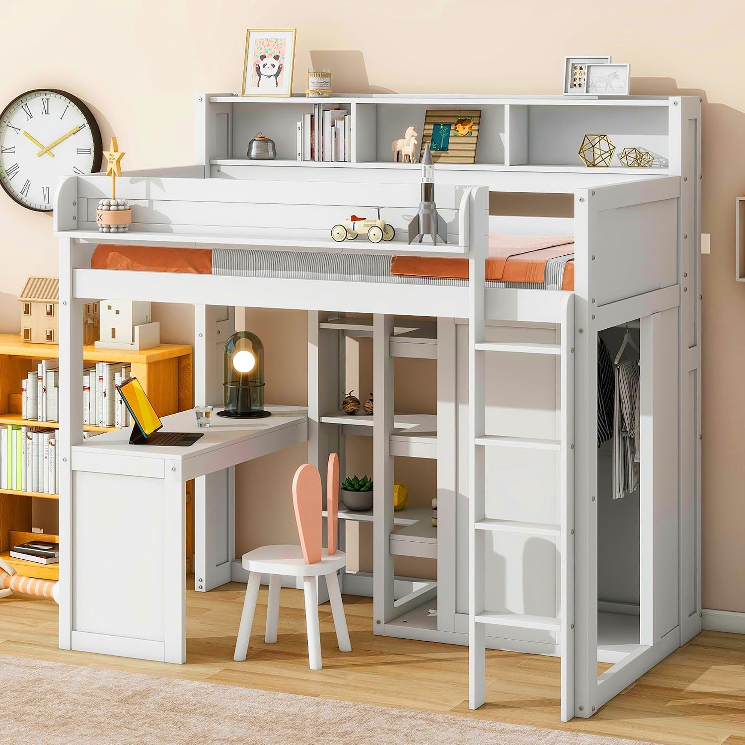 Wood Twin Size Loft Bed with Multiple Built-in Desk,Storage Shelves and Wardrobe,for Kids Boys Girls Teens Adults Bedroom (White@Cabinet, Twin)