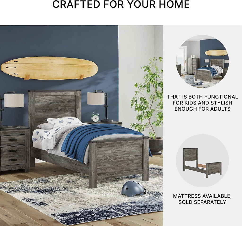 Signature Design by Ashley Frandern Industrial Panel Bed with Nailhead Accents, Foundation or Box Spring Needed, Twin, Gray