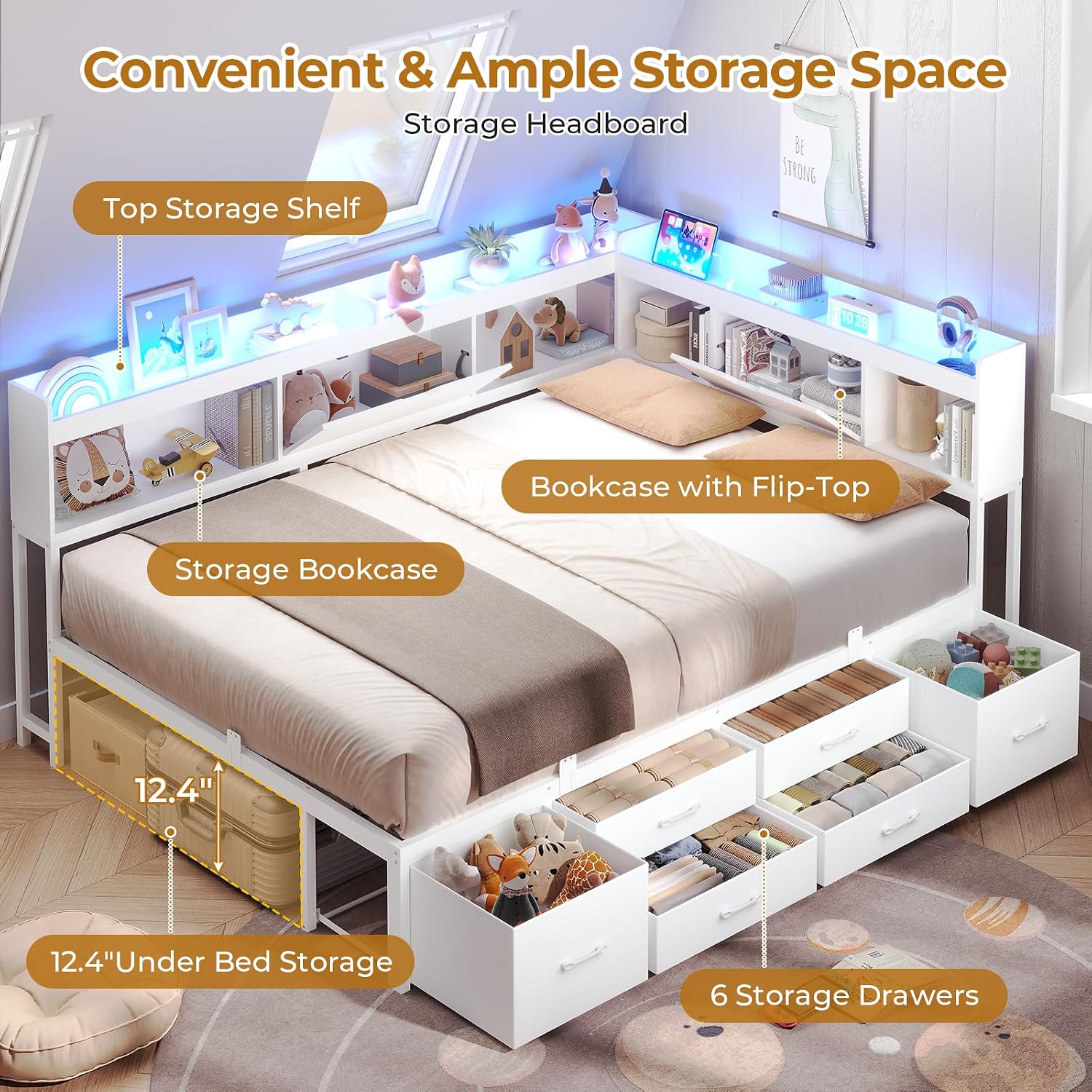 AOGLLATI Full Size Corner Bed Frame with 6 Storage Drawers and Bookcase Hidden Headboard, Full Bed Frame Metal Platform Daybed with Charging Station and LED Lights for Kids Teens, White