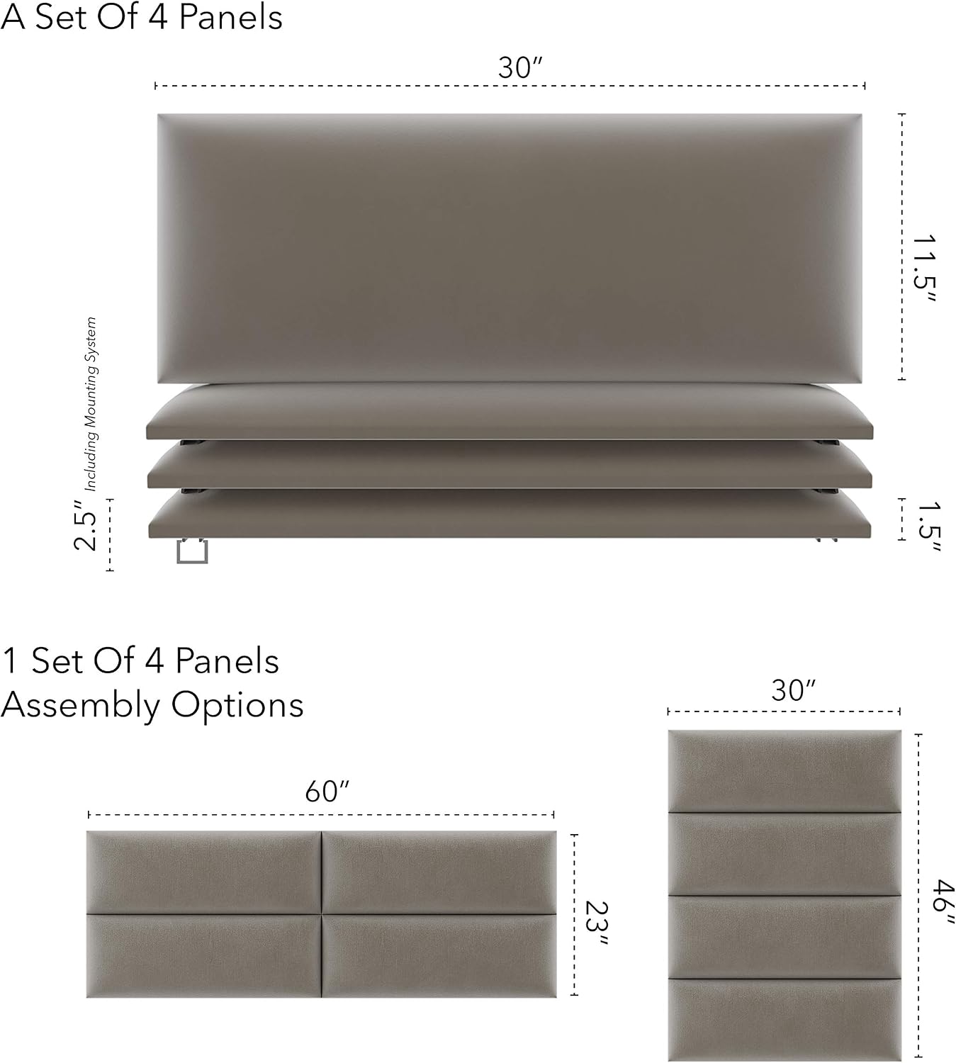 Vänt Upholstered Wall Panels - Queen/Full Size Wall Mounted Velvet Headboards - Velvet Sand Storm - Set of 4 Panels (Each Individual Panel 30'x11.5')