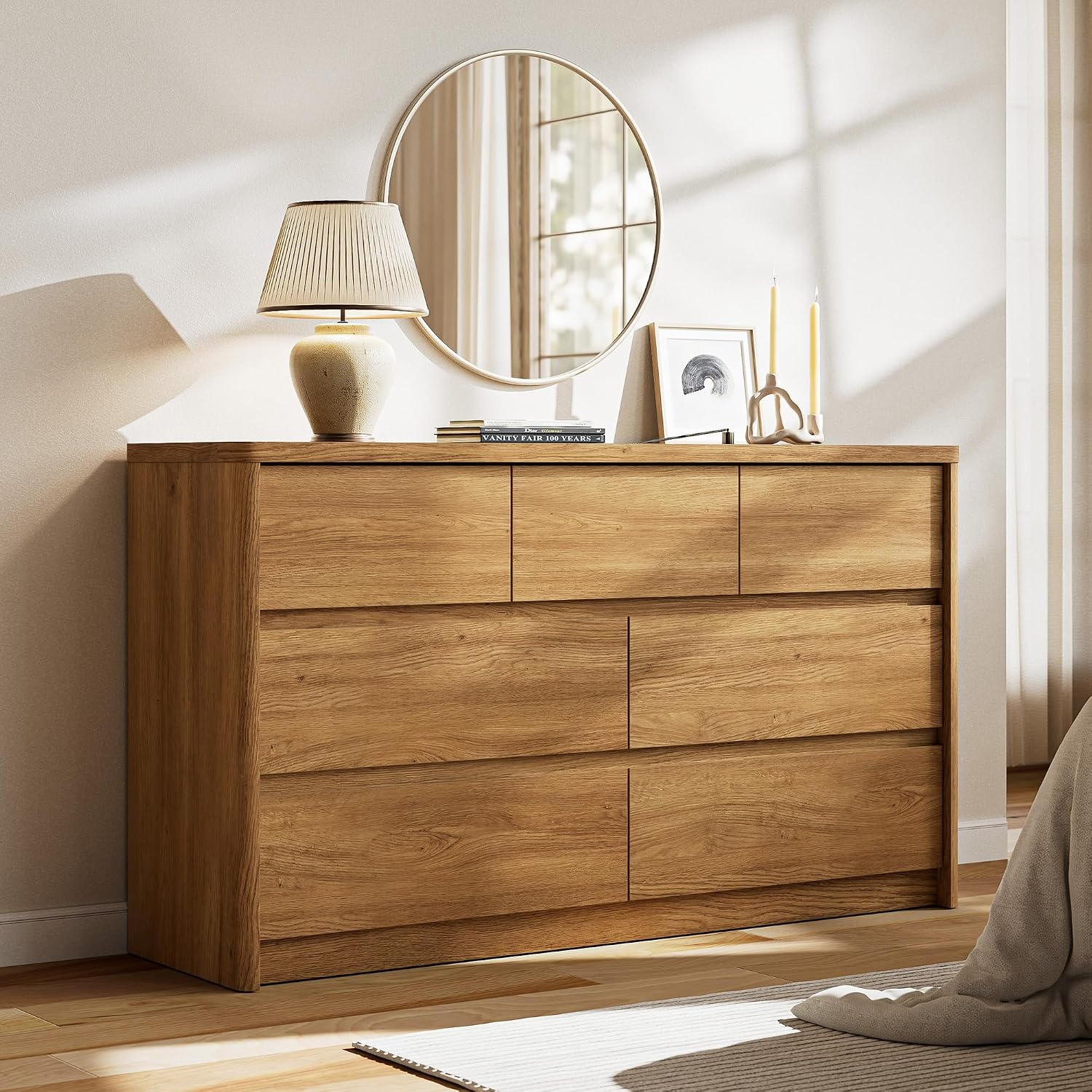 3 Pieces Bedroom Set, 55 Inch Width 7-Drawer Dresser & 2-Drawer Nightstands Set of 2,Nightstand with USB&Type C Charging Station&Outlets,Modern Design for Bedroom, Natural Oak