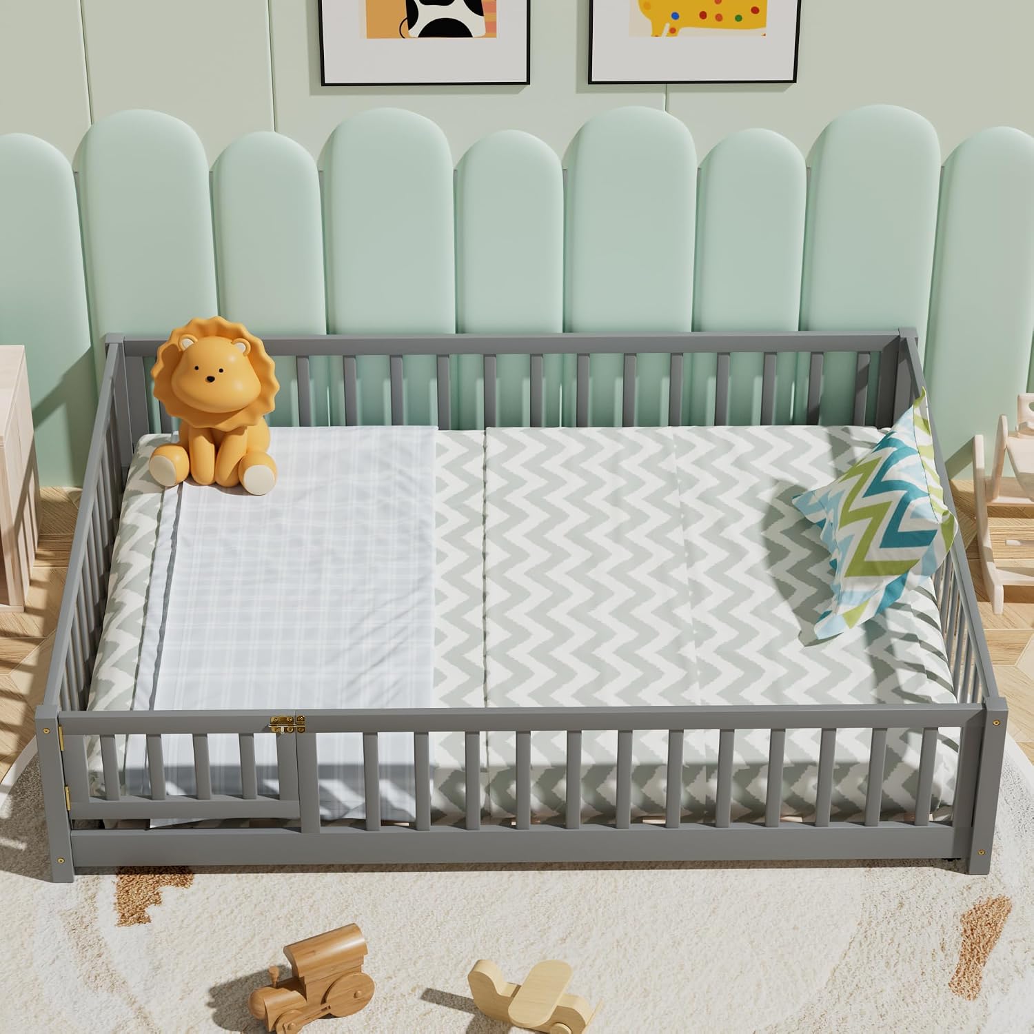 i-POOK Full Floor Bed for Children, Sturdy Wood Montessori Bed Frame with Wood Slats, Fence & Door for Girls and Boys, Gray (with Bed Slats)