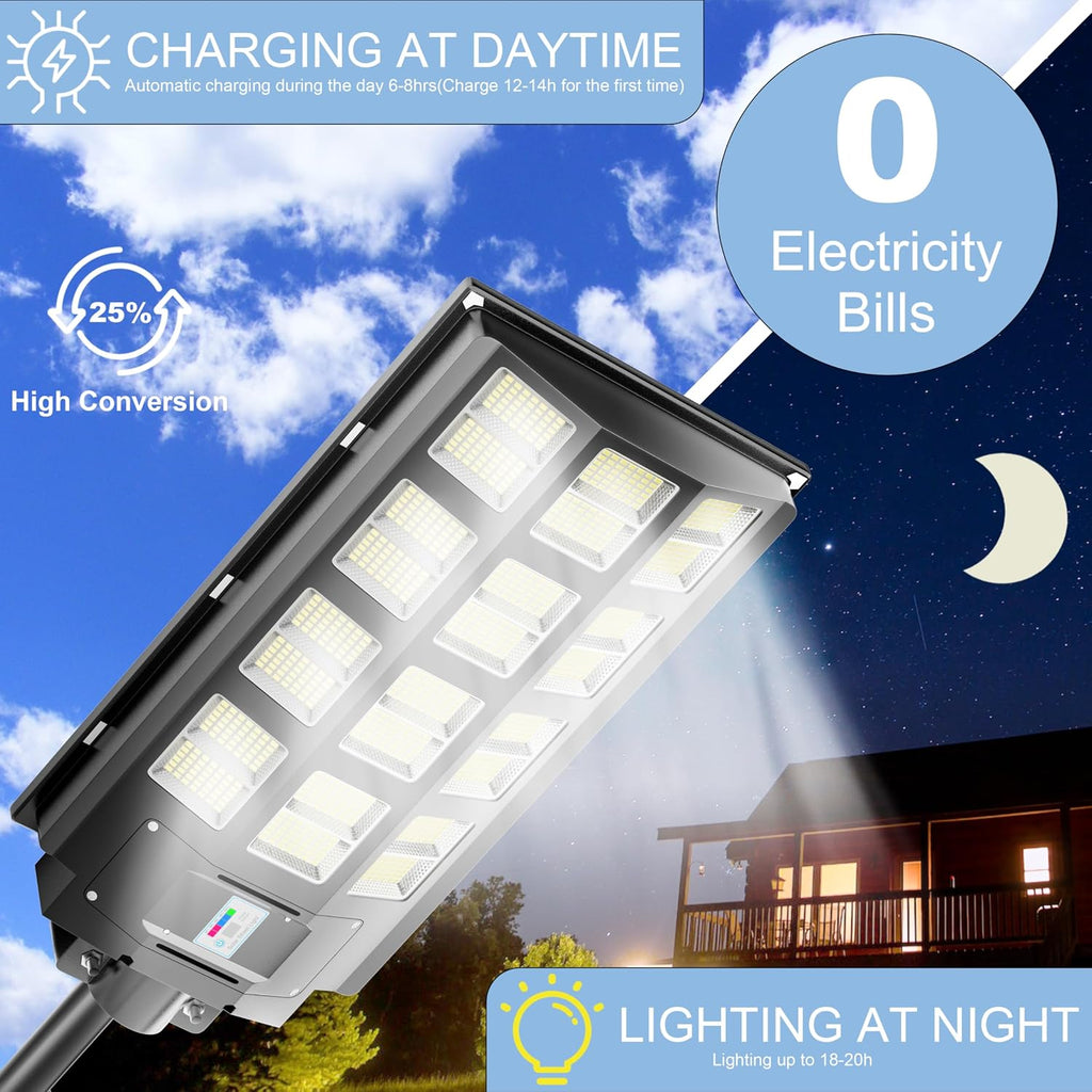 Solar Street Light, 8000W 7000K 480000LM 1152pcs LED Solar Parking Lot Lights Dusk to Dawn, Solar Flood Light Wide Angle Motion Sensor and Remote Control for Area Lighting Yard 2-Pack